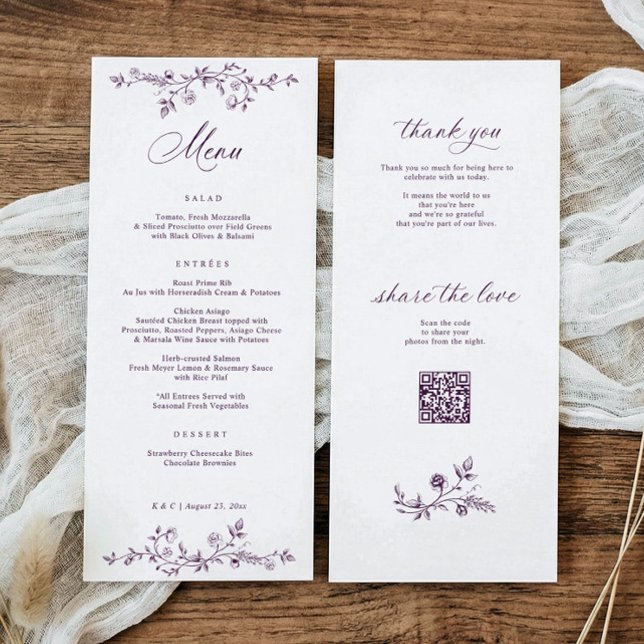 Vintage fransk blomsteräggplanta mörklila bröllop meny (Eggplant purple vintage French wedding menu with floral border and photo sharing QR code)