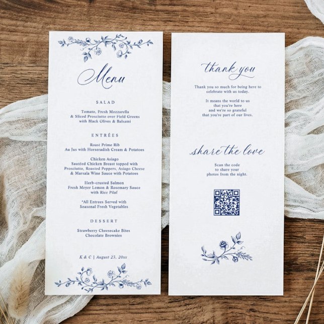 Vintage fransk blomsterblå victoriansk bröllop meny (Navy blue vintage French wedding menu with elegant floral frame and photo sharing QR code)