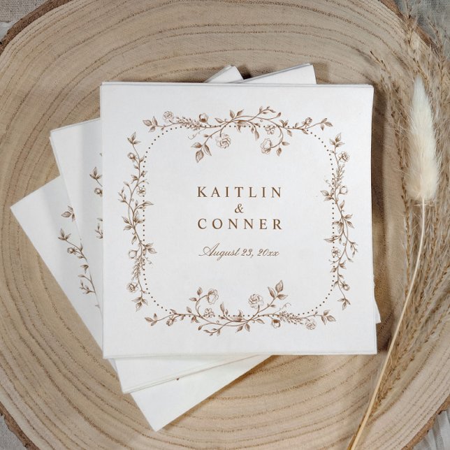 Vintage fransk blomsterbrun bröllopscocktail pappersservett (Vintage French brown wedding cocktail napkins with elegant chinoiserie floral frame)