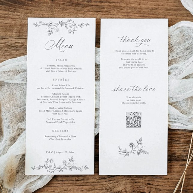Vintage fransk blomstergrå viktoriansk bröllop meny (Silver gray vintage French wedding menu with elegant floral frame and QR code)