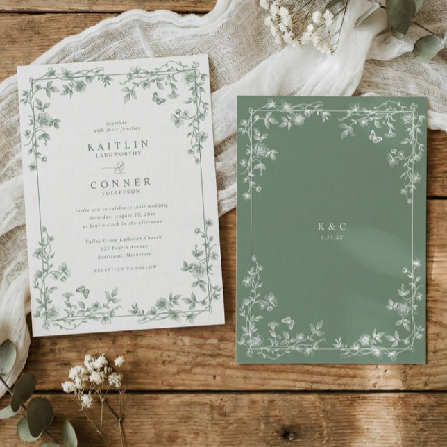 Vintage fransk blomstertoile sage bröllop inbjudningar (Elegant sage green vintage French wedding invitation with chinoiserie floral frame and toile details)