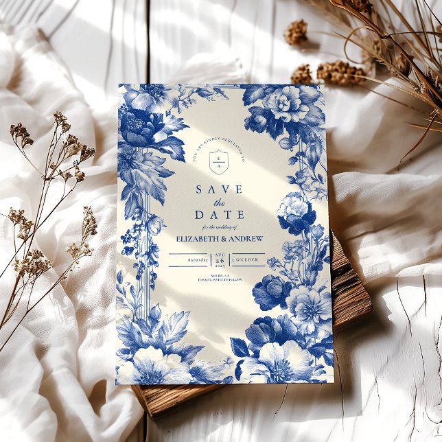 Vintage Fransk Blue Toile Blommigt Bröllop Spara Datumet (Skapare uppladdad)