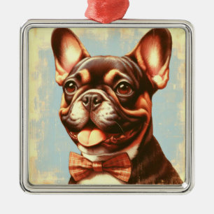 Vintage Fransk Bulldog Painting Porträtt Julgransprydnad Metall