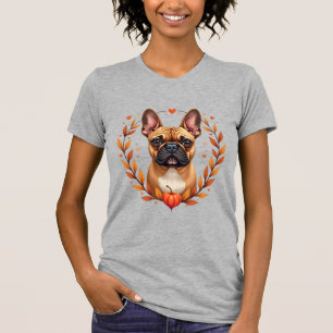 Vintage fransk bulldogg med höstlövskrans och t shirt