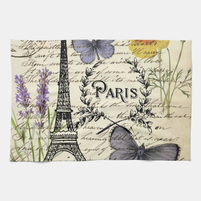 vintage fransk butterfly paris eiffel torn kökshandduk (Horisontell)