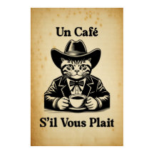 Vintage Fransk Cafe Cat Cowboy Coffee Art Decor