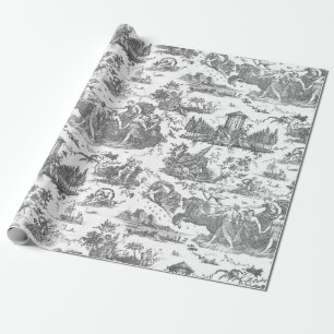 Vintage Fransk Chariot of Dawn Toile de Jouy-Grått Presentpapper