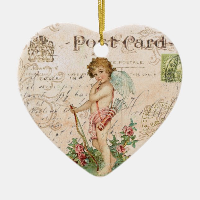 Vintage Fransk Cherub Valentine hjärtklaffande Julgransprydnad Keramik (Framsidan)