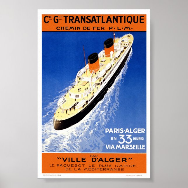 Vintage Fransk Cruise Frakt Transatlantique Travel Poster (Framsidan)