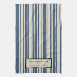 Vintage Fransk etikett på Blue and Cream Rand Kökshandduk