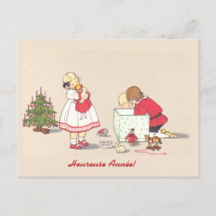 Vintage Fransk Gift Girl Boy Julgran Leksak Helg Vykort