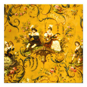 Vintage Fransk Guld Gult Toile Victorian Blommigt Fototryck