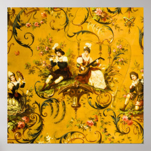 Vintage Fransk Guld Gult Toile Victorian Blommigt Poster