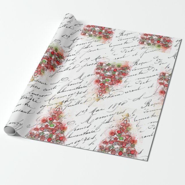 Vintage Fransk Julgran (vattenfärg)  Presentpapper (Utrullad)