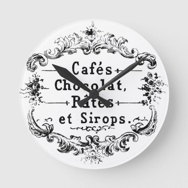Vintage Fransk Kaffe och chokladetikett Rund Klocka (Framsida)
