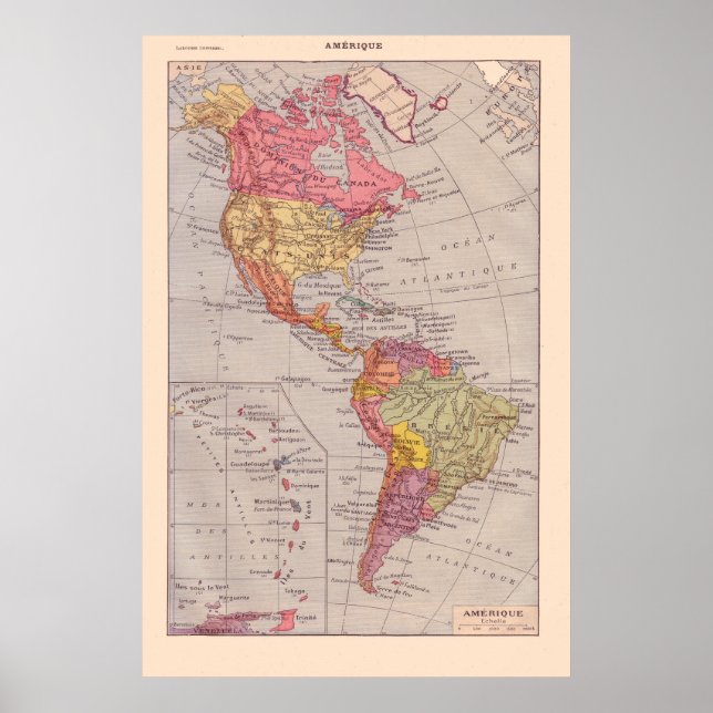 Vintage Fransk karta, 1920, Amerika Poster (Framsidan)