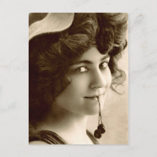 Vintage Fransk Kvinna med sötkörsbär Vykort