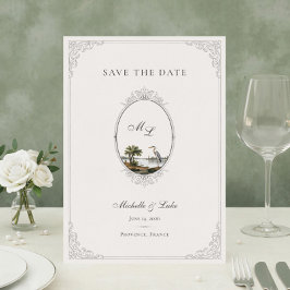 Vintage fransk landskapsmonogram bröllop  spara datumet