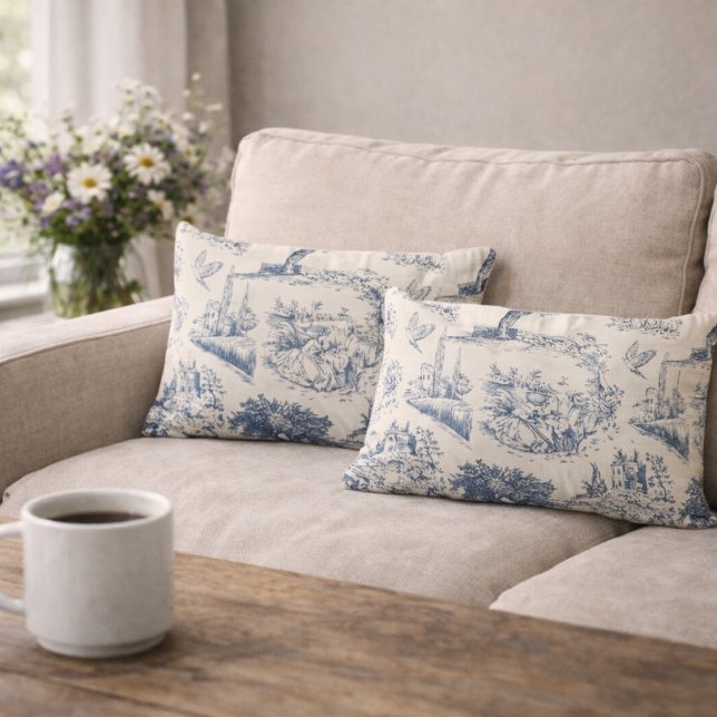 Vintage fransk lantlig "Blå Toile de Jouy" Lumbarkudde (Skapare uppladdad)