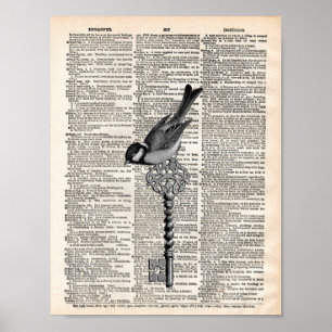 Vintage Fransk-ordlista för fåglar och nyckel Poster