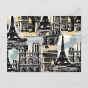 Vintage Fransk Paris Travel Collage Eiffel Torn Vykort