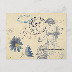 Vintage Fransk Ro Dam Bee Flower Postmark Vykort