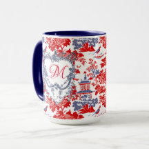 Vintage fransk röd blå Chinoiserie Delft monogram
