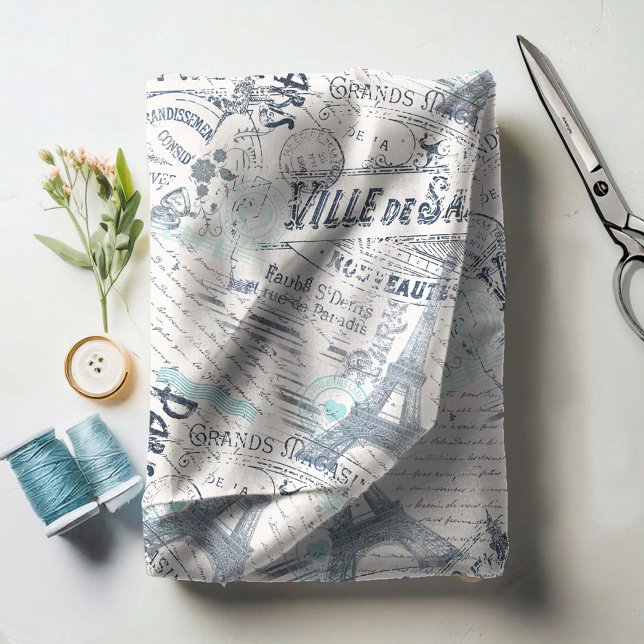 Vintage Fransk Romantik Collage Blue ID226 Tyg (Skapare uppladdad)