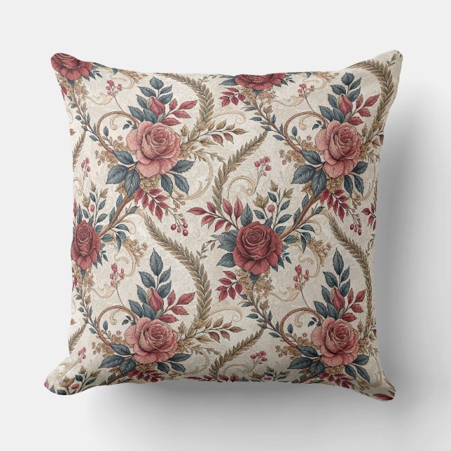 Vintage fransk ros- och rullverksblommig mönster kudde (Framsida)