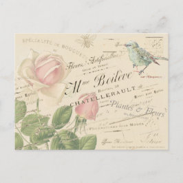 Vintage Fransk Rosa ros Blue Bird Bee Collage Vykort