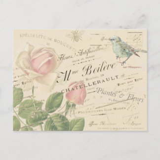 Vintage Fransk Rosa ros Blue Bird Bee Collage Vykort