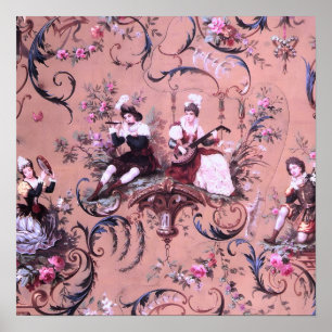 Vintage Fransk Rosa Toile Victorian Stil Blommigt Poster
