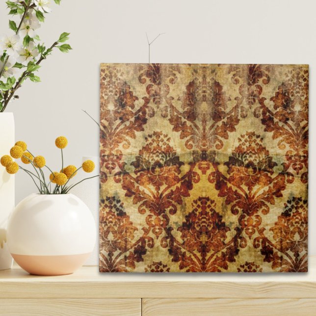 Vintage Fransk Rustik brunkolsskada hösthösten Kakelplatta (Vintage French Rustic Autumn Fall Brown Damask Ceramic Tile)