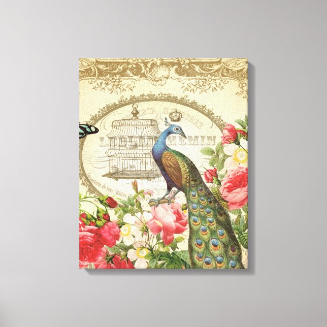 Vintage Fransk Shabby chic Peacock Canvastryck (Framsida)