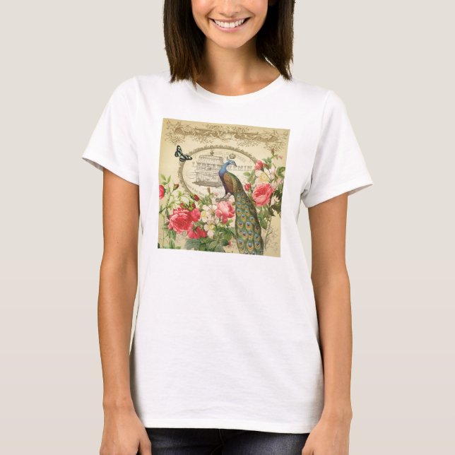 Vintage Fransk Shabby chic Peacock T Shirt (Framsida)