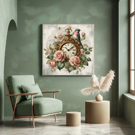 Vintage fransk stil shabby chic Clock Ro Bird Poster