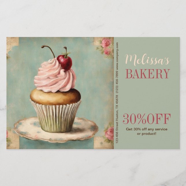 vintage fransk tårta catering bageri cupcake flygblad (Framsidan)