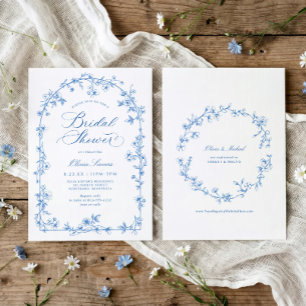 Vintage fransk Toile blå blombröllopsdusch Inbjudningar