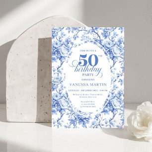 Vintage fransk Toile blå ros 50-års födelsedagsinb Inbjudningar