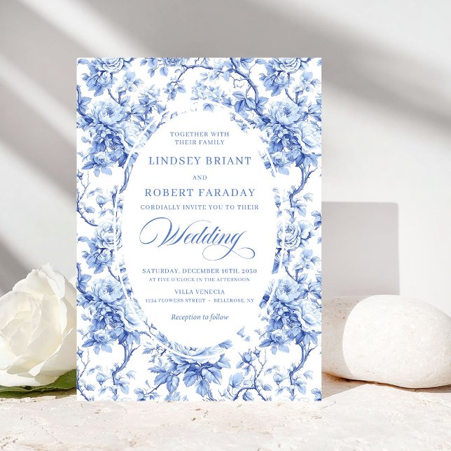 Vintage fransk Toile blå ros bröllopsinbjudan Inbjudningar (Vintage French Toile Blue Rose Wedding Invitation)