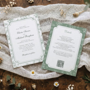 Vintage fransk Toile blomster- sagegrön bröllopsin Inbjudningar