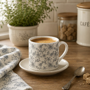 Vintage fransk Toile Botanisk Fågel Rustik Landsby Espressomugg