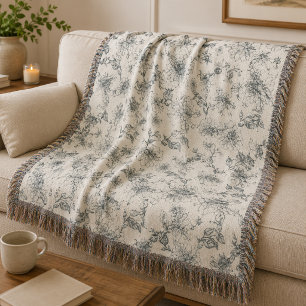Vintage fransk Toile Botanisk Fågel Rustik Landsby Filt