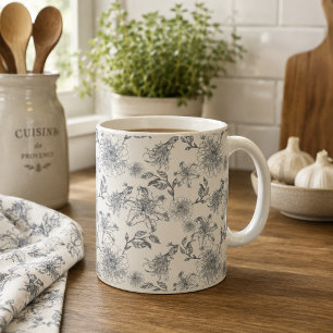 Vintage fransk Toile Botanisk Fågel Rustik Landsby Kaffemugg