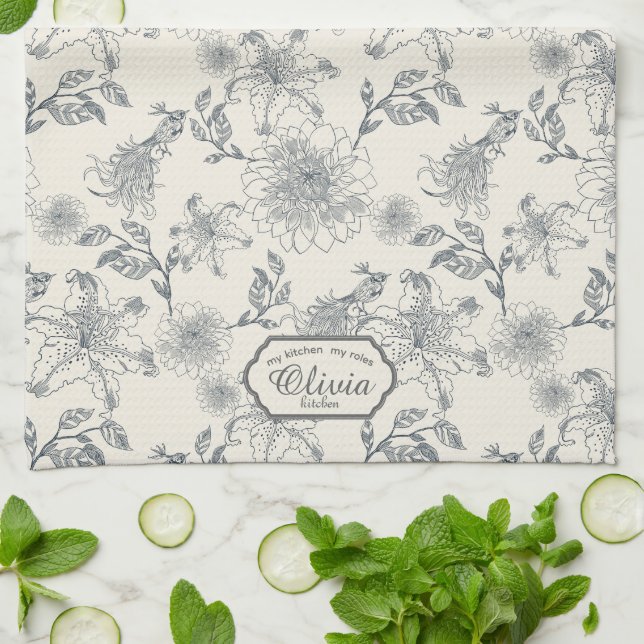 Vintage fransk Toile Botanisk Fågel Rustik Landsby Kökshandduk (Vikta)