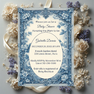 Vintage fransk Toile mjuk blå baby shower floral Inbjudningar