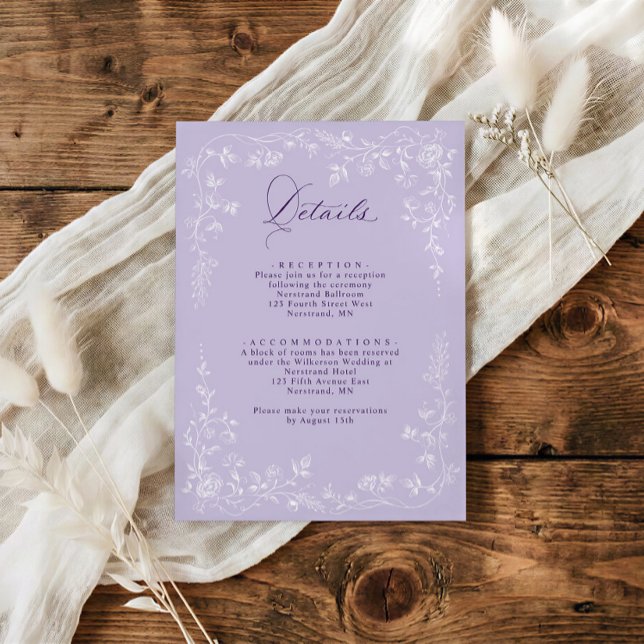 Vintage franska blommande bröllopsdetaljer Lavende Tilläggskort (Lavender light purple French floral wedding details card with RSVP and QR code on back)