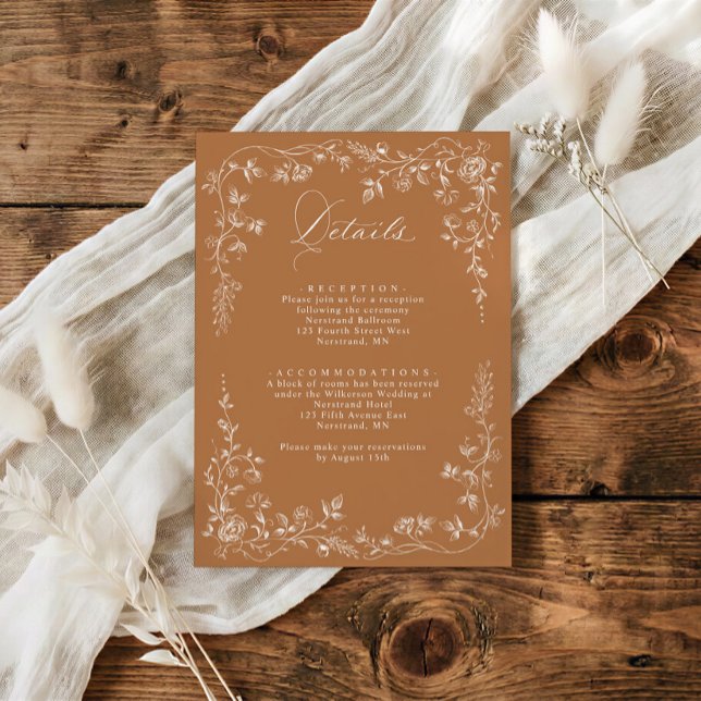 Vintage franska blommande bröllopsdetaljer terrako tilläggskort (Terracotta orange French floral wedding details card with RSVP and QR code on back)