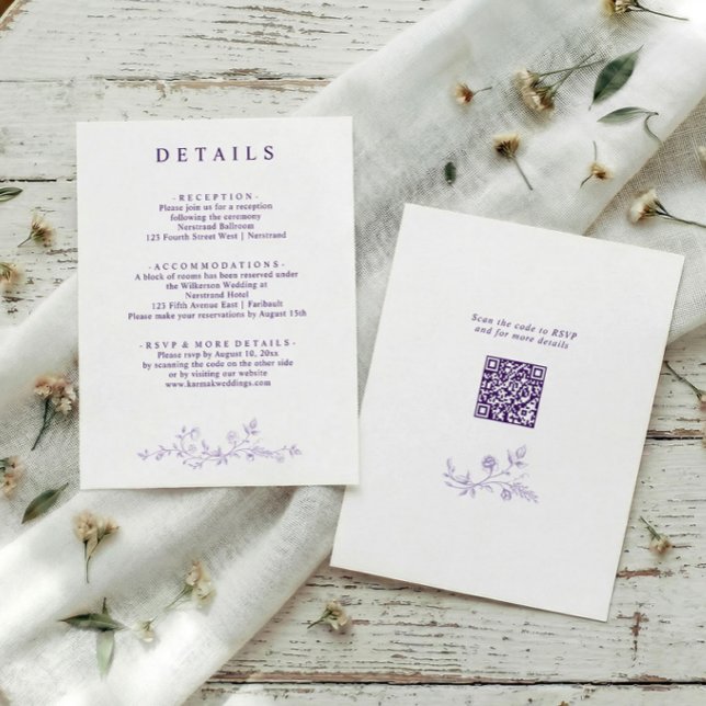 Vintage franska blommande lavendelbröllopsdetaljer tilläggskort (Lavender wedding details card with vintage French chinoiserie floral elements QR code)