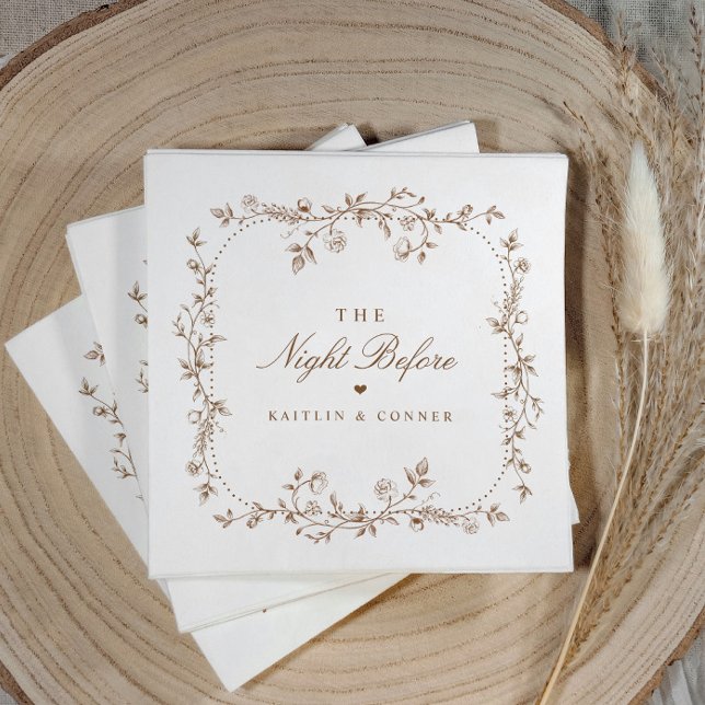 Vintage franska blommiga bruna repetitionsmiddag pappersservett (Vintage French rehearsal dinner napkins the night before with chinoiserie floral frame)